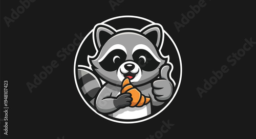 Cartoon raccoon with croissant and thumb up