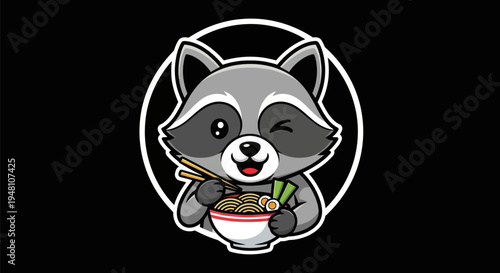 Cartoon raccoon with ramen bowl on black