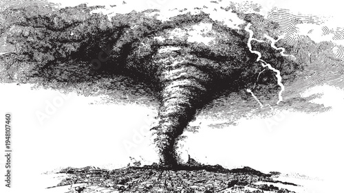 Twisting tornado funnel cloud, extreme weather concept, vector illustration.