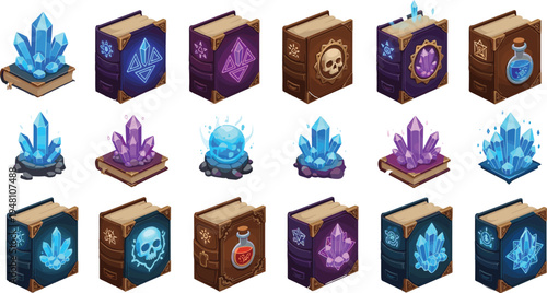 Colorful cartoon magic books and crystals on white background