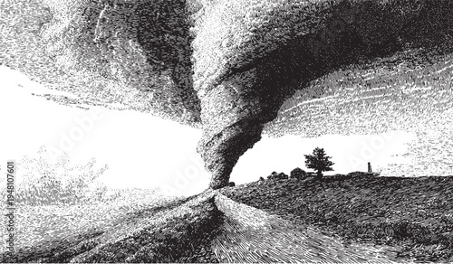 Twisting tornado funnel cloud, extreme weather concept, vector illustration.