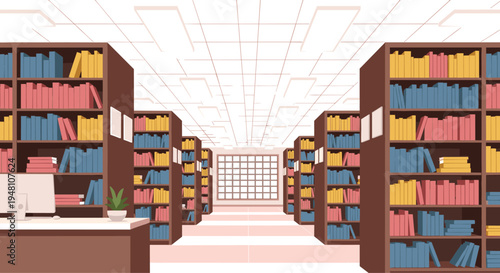 Colorful library interior with bookshelves and desk bookshelf computer