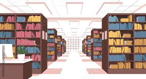 Colorful library interior with bookshelves and desk bookshelf computer 1