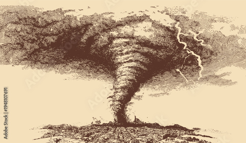 Twisting tornado funnel cloud, extreme weather concept, vector illustration.