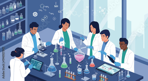 Diverse Scientists Collaborating in Modern Laboratory with Chemistry Experiments