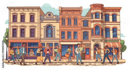 Diverse people walking on charming city street with vintage buildings