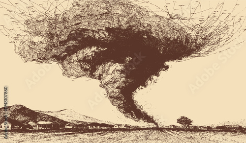 Twisting tornado funnel cloud, extreme weather concept, vector illustration.