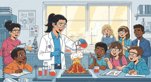 Young students observe volcano experiment in science class with teacher