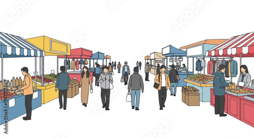 Diverse Crowd Walking Through Outdoor Market Stalls with Colorful Tents and Goods