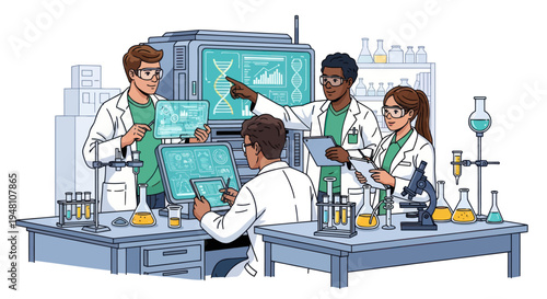 Diverse scientists collaborate in a modern lab, analyzing DNA on futuristic screens.