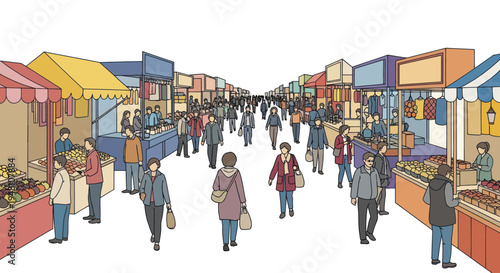 Bustling Street Market with Colorful Stalls and Crowds of People Shopping