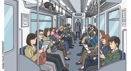 Commuters in a crowded subway train, reading, looking at phones, standing