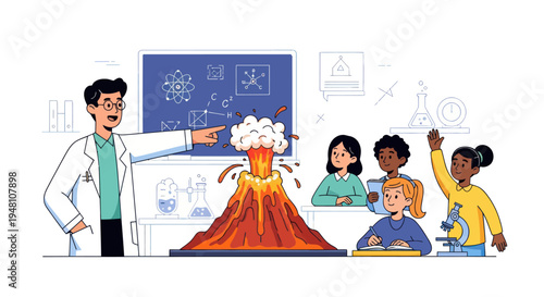Science Teacher Demonstrates Volcano Eruption Experiment to Engaged Students in Classroom