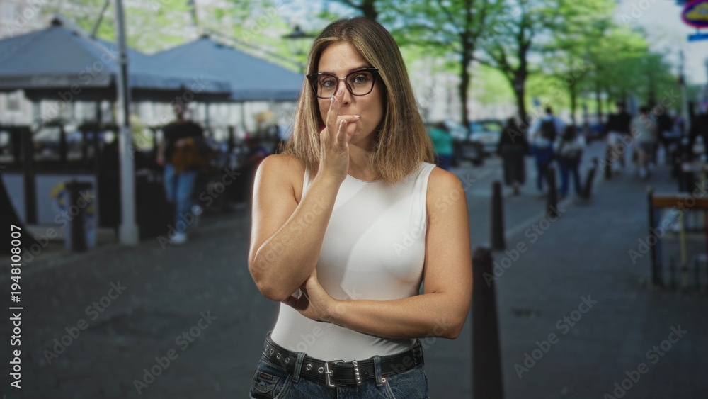 Fototapeta premium Woman wearing glasses and a white sleeveless top touches her lips with fingers in a finger to lips gesture, arms crossed while standing on a busy street; hush contemplation.