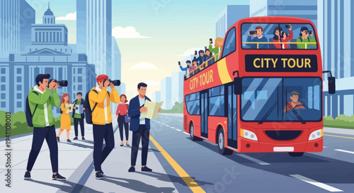 Tourists on Double Decker Bus and Photographers in City