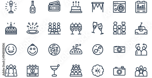 A collection of line art icons depicting various celebration and party symbols