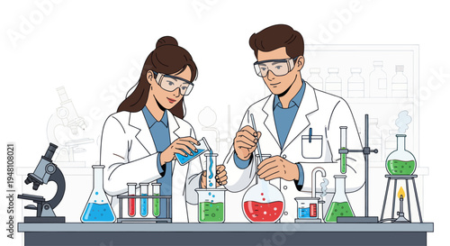 Scientists conducting experiment in laboratory, mixing liquids in beakers