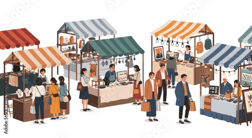 Outdoor Market Scene with Stalls and Shoppers, People Browsing Goods, Diverse Crafts and Products