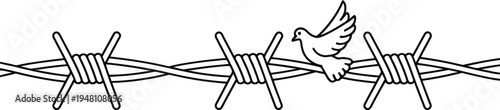 Line drawing of simple barbed wire segment with a small dove perched on it, thin black outlines