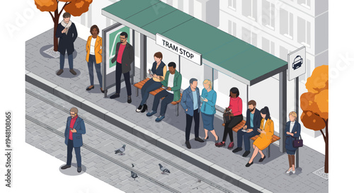 Diverse commuters wait at modern bus stop in urban setting, isometric view