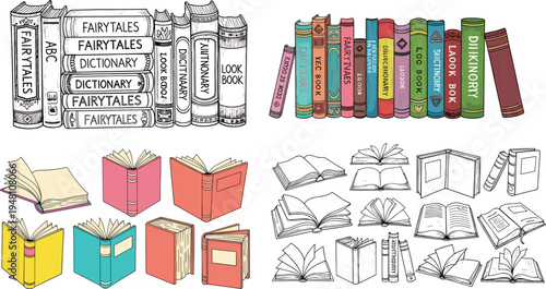 Colorful of books in various styles and arrangements library reading education