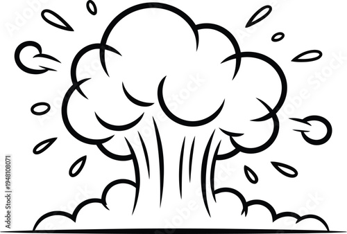 Line drawing of cloud-like explosion puff with multiple rounded lobes and small debris lines