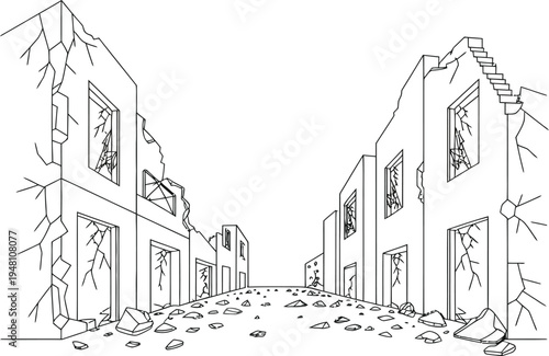 Line-art empty street with damaged buildings on both sides, windows without glass and small cracks drawn in
