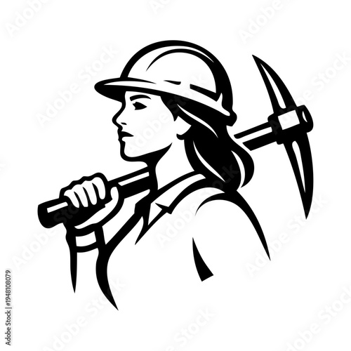 Logotipo con dibujo sencillo con líneas de una mujer con casco y un pico apoyado en el hombro