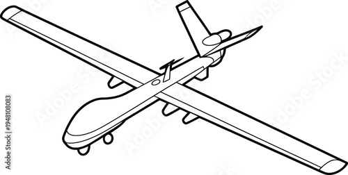 Line-art fixed-wing surveillance drone with long straight wings and tail boom