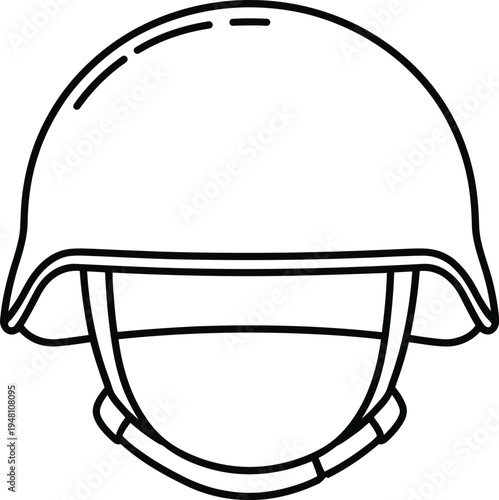 Line-art illustration of military helmet with simple strap, thin black outline, war equipment clipart