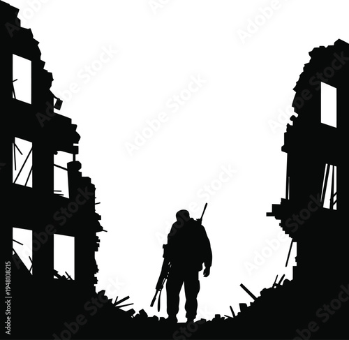 Silhouette of ruined building outline with single soldier standing in front
