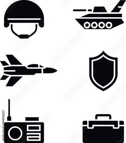 Solid glyph military icons filled black shapes for helmet, tank, jet, shield, radio, ammo box