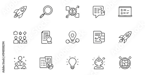 A set of minimalist line art icons representing business and innovation concepts