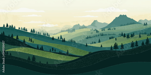 A lush green meadow stretches across the rural countryside under a summer sky, offering a scenic view of rolling hills and majestic mountains nestled within a vibrant spring landscape.