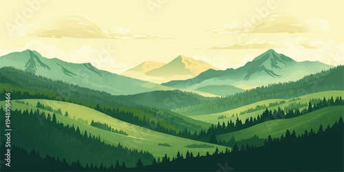 A breathtaking alpine panorama of high snow-capped mountain peaks and green forest valleys under a sunset sky with clouds makes for a stunning nature travel landscape.