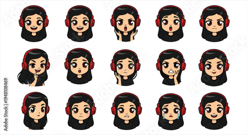 Cute Gamer Girl Character Emote Sticker Set, Cartoon Gaming Avatar Emoji Pack, Streaming Reaction Icons for Twitch Discord Vector
