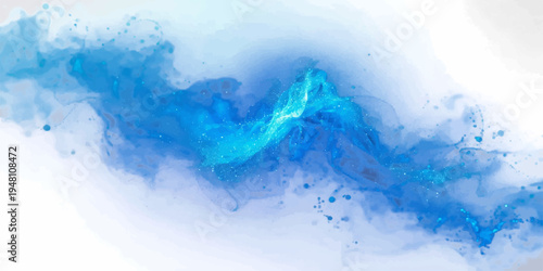An abstract blue watercolor design features a splash of liquid paint and sea waves over a white grunge paper texture with cold ice and winter clouds.