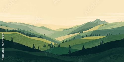 A breathtaking summer panorama of green mountain hills and a grassy meadow valley under a cloudy sky at morning sunrise.