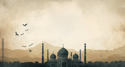 Classic Islamic Architecture with Aged Paper Texture Effect
