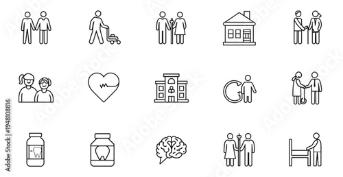 A set of line art icons depicting healthcare and medical concepts