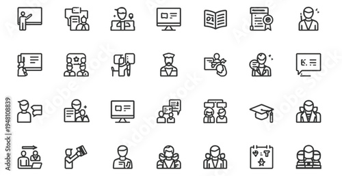 A set of minimalist line art icons depicting education and learning concepts