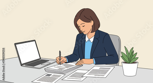 A businesswoman diligently working at her desk with a laptop, documents, and a plant, illustrating productivity and office work