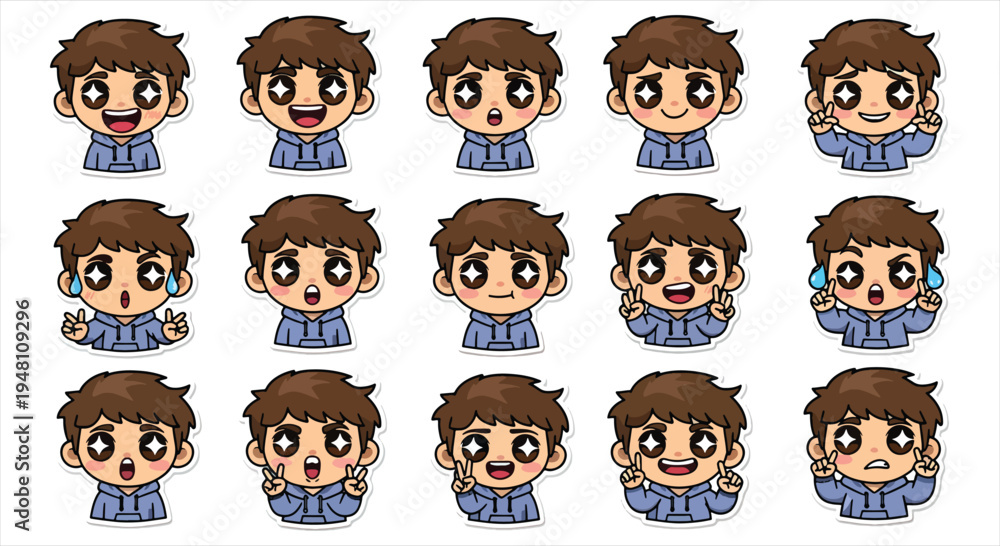 Naklejka premium Cute Boy Character Emote Sticker Set, Cartoon Chibi Boy Emoji Pack, Funny Reaction Face Icons Vector
