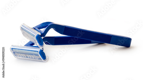 Two blue shavers or razor blades in stack isolated on white background with clipping path