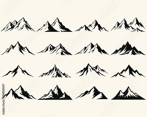 Collection of various mountain silhouettes in different shapes and sizes