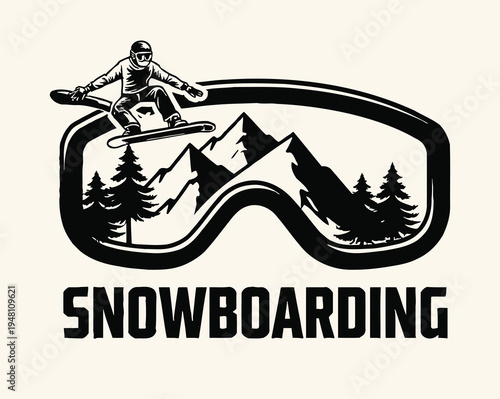Snowboarder in goggles with mountain landscape and trees