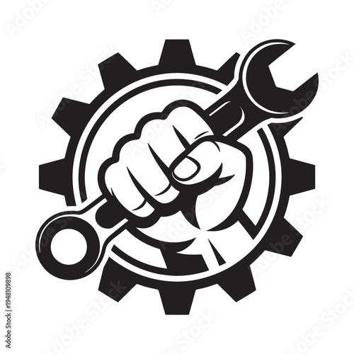 A clenched fist powerfully grips a wrench against a gear backdrop