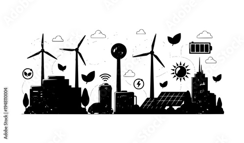 A black silhouette cityscape with renewable energy icons and wind turbines