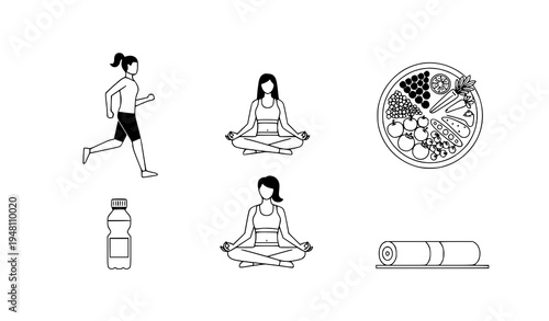 A minimalist vector graphic illustrating various aspects of a healthy lifestyle