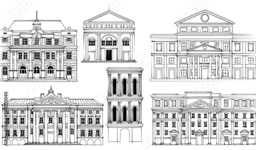 A set of elegant building facades in a minimalist line art style